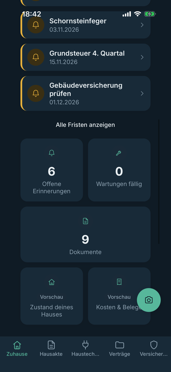 App-Ansicht: Zuhause-Dashboard mit Kacheln für Erinnerungen, Wartungen und Dokumente