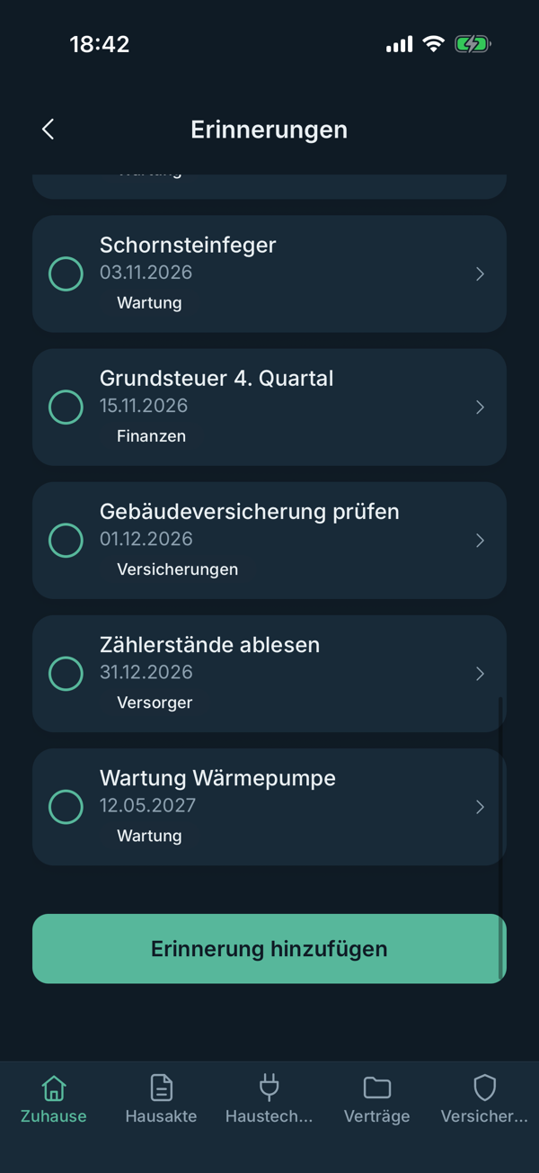 App-Ansicht: Liste der Erinnerungen mit Fristen wie Schornsteinfeger und Grundsteuer